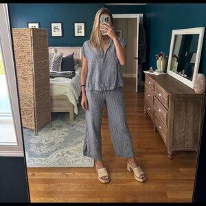 Nic+Zoe Linen Matching Set Top & Pants Grey/Blue Striped